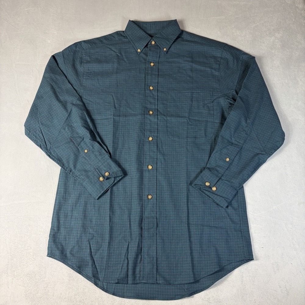 Lands' End Men‎ Green  check long-sleeve button-up cotton dress shirt Soft Small
